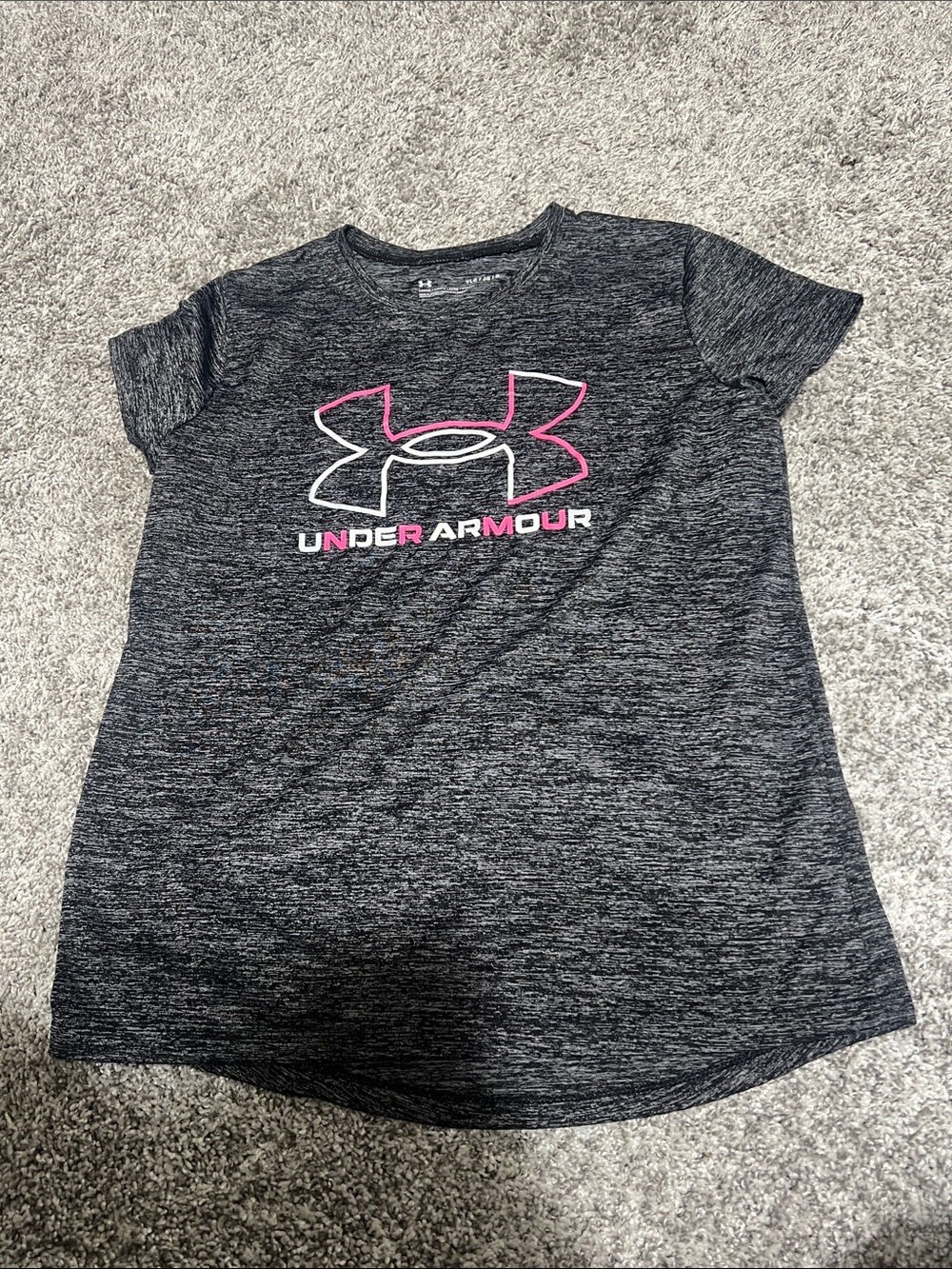 Under Armour Girls' Heathered Black Short Sleeve Tee with Pink Logo